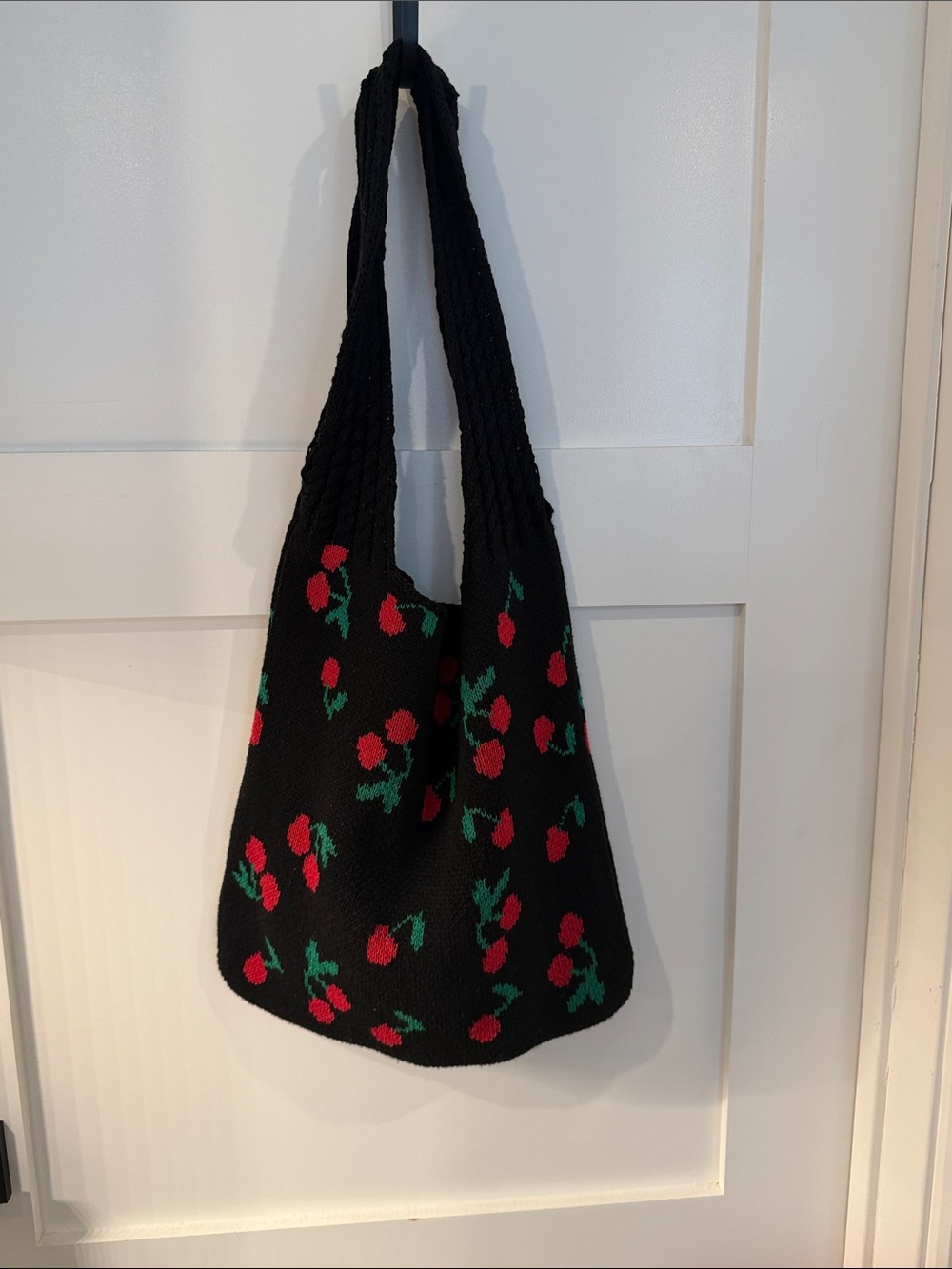 Black Knit Cherry-Print Shoulder Bag
